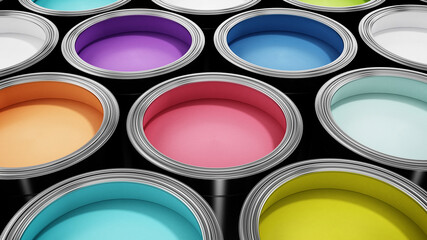 Group of metal paint cans with vibrant colors. 3D illustration