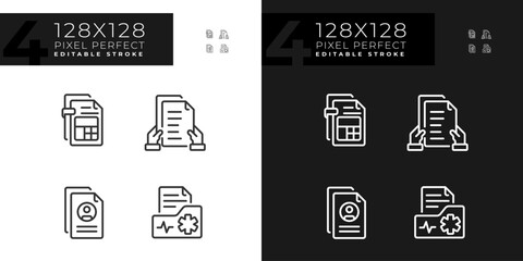 Pixel perfect dark and light icons set representing document, editable thin line illustration.