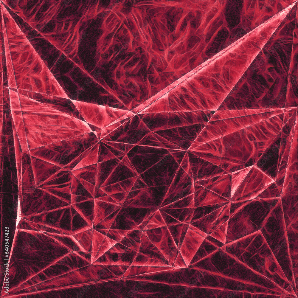 Poster cubist triangular mosaic in red on a black background and square format