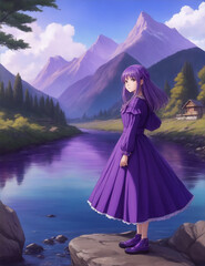 A girl in a purple dress stands in front of a river and mountains by Generative AI