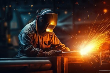 metal welder using an arc welding machine to weld steel at a factory. It represents manufacturing and welding operations.

 Generative AI