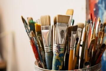 various paintbrushes used in an art studio. It captures the process of artists using brushes to create works of art.

 Generative AI