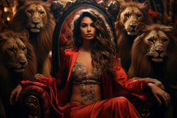 Beautiful lady sits in a throne upon a majestic pride of lions