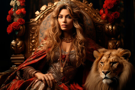 Beautiful  princess sits in a throne and posing with a lion