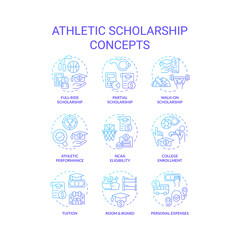 2D gradient icons set representing athletic scholarship concepts, isolated vector, thin line illustration.