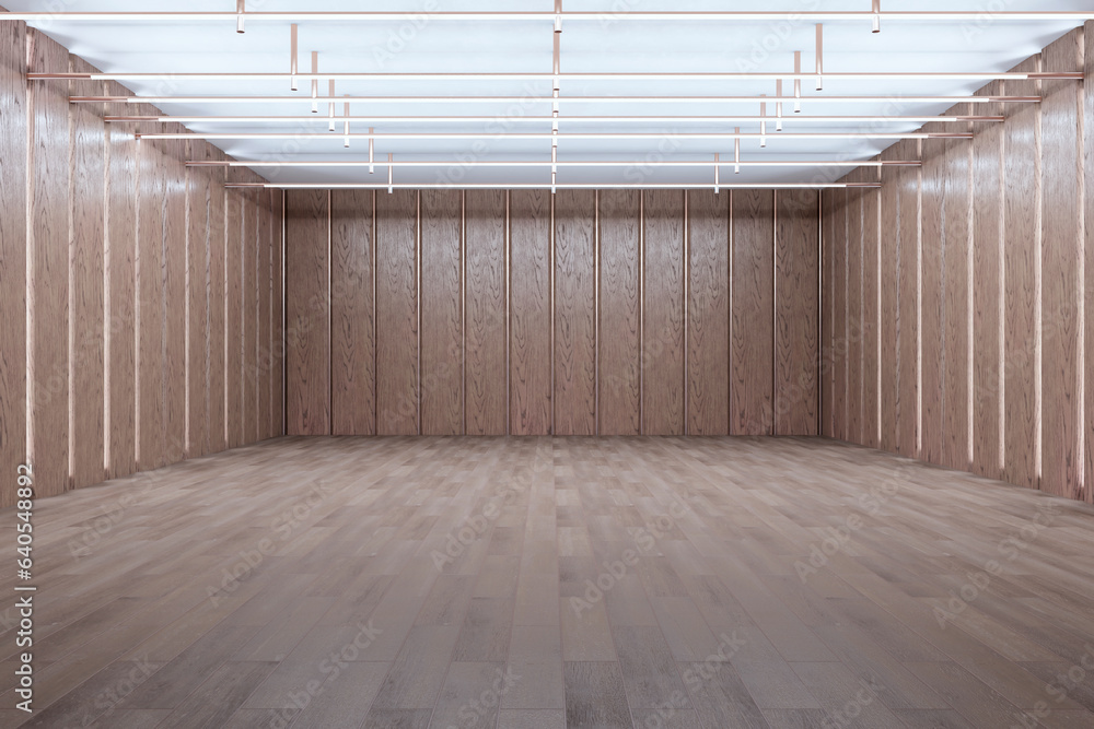Poster modern empty wood plank garage interior with mock up place. product advertisement concept. 3d render