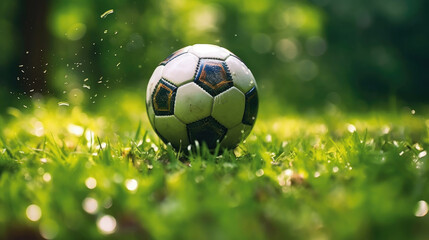 Fototapeta premium Close-up of a soccer ball on the vibrant green field