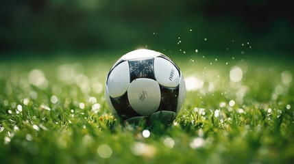 Fototapeta premium Close-up of a soccer ball on the vibrant green field