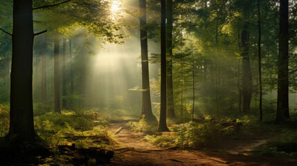 Panoramic view of sunbeams through the trees in the forest