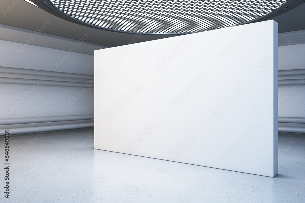 Poster Modern light futuristic interior with round ceiling and empty banner with mock up place. Grunge garage concept. 3D Rendering.
