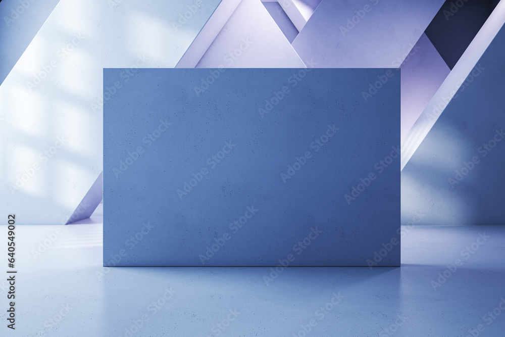 Poster Modern concrete gallery interior with geometric walls and mock up place on empty wall. 3D Rendering.