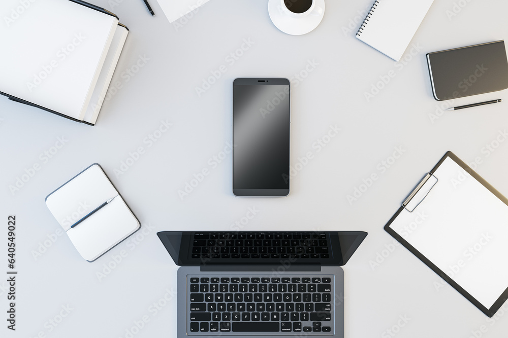 Poster top view and close up of white office desk with supplies, devices and mock up place for your adverti