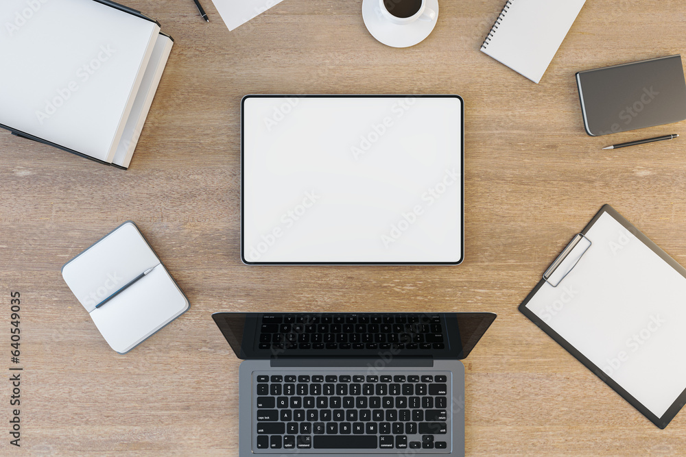Poster top view and close up of wooden office table with supplies, devices and mock up place for your adver