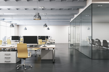 Luxury wooden and concrete coworking office interior with glass partition, windows, furniture and equipment. 3D Rendering.