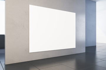 Clean concrete gallery interior with blank white mock up banner on wall and windows. Museum room concept. 3D Rendering.