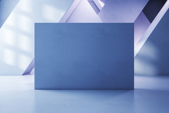 Modern concrete gallery interior with geometric walls and mock up place on empty wall. 3D Rendering.