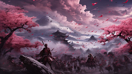 Samurai battle atop a cherry blossom-covered hill