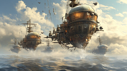 Obraz premium Steampunk dirigibles sailing over a steaming sea