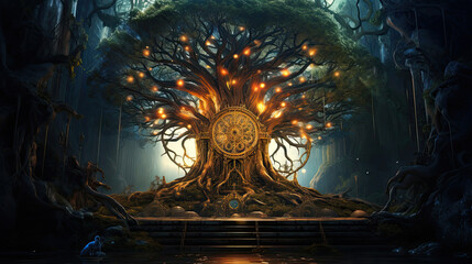 Ancient tree of life at the center of a mystical forest