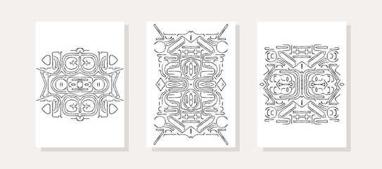 Posters with abstract symmetrical ornament. Surreal pattern of linear elements. Decorative frames. Vector template