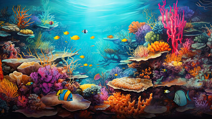 Fototapeta na wymiar Underwater coral reef paradise backdrop
