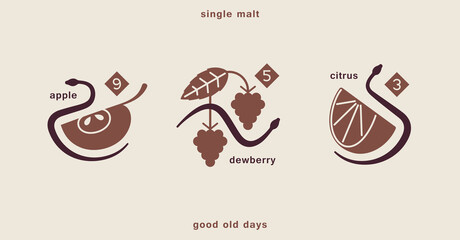 Vintage old style whiskey emblem. Apple, dewberry and citrus with a wriggling snake. Contemporary minimal boho style. Vector template