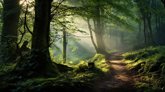 Enchanted forest with misty morning light