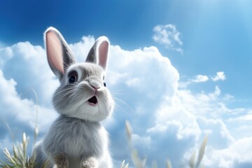 Cute Rabbit on Cloudy Sky, Joyful Bunny on Blue Sky Background