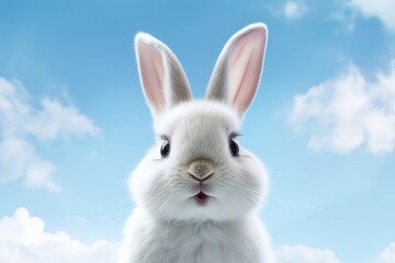 Cute Rabbit on Cloudy Sky, Joyful Bunny on Blue Sky Background