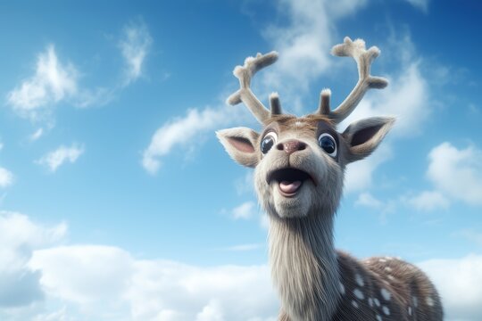 Cute Reindeer on Cloudy Sky, Joyful Reindeer on Blue Sky Background.