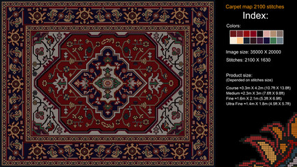Colorful carpet pattern for knitting cross stitch, carpet, rug, fabric, knitting, etc., with mosaic squares and grid guidelines. 2100 stitches. Read the index to learn the details.