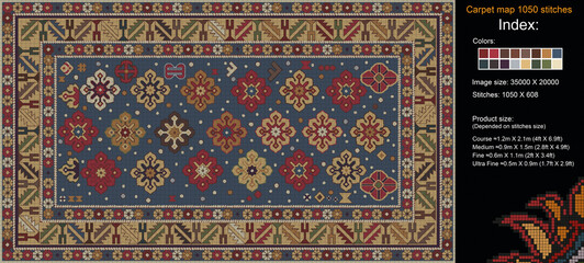 Colorful carpet pattern for knitting cross stitch, carpet, rug, fabric, knitting, etc., with mosaic squares and grid guidelines. 1050 stitches. Read the index to learn the details.