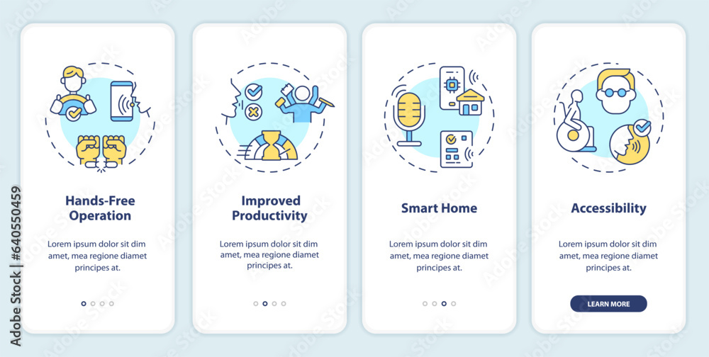 Poster 2d icons representing voice assistant mobile app screen set. walkthrough 4 steps multicolor graphic 