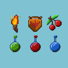 Pixel art sets of dugeon items. Torch,shield,red cherry,green potion,red potion,and blue potion. Pixel art,8bits perfect for game asset or design asset element for your game design asset.