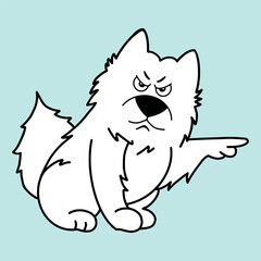 Angry white dog points his finger toward the exit. Cartoon style illustration, isolated vector.