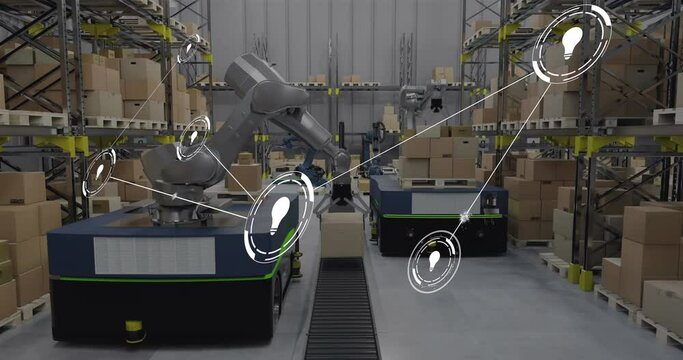 Animation of network of conncetions with icons over boxes on conveyor belt in warehouse