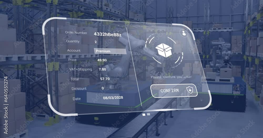 Poster animation of digital interface with icons and data processing over diverse workers in warehouse