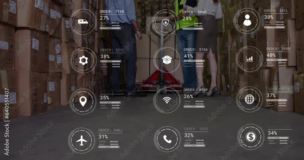 Poster animation of icons with data processing over diverse workers in warehouse