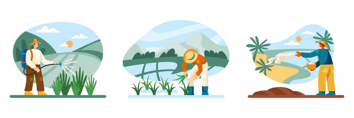 Man in uniform spraying rice bushes with special solution or fertilizer. Worker working on rice plantation. Man sowing rice in field. Vector illustration in cartoon style