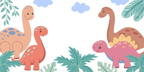 Banner horizontal frame with cute dinosaurs and tropical plants. Childish hand drawn vector illustration.