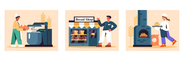 Set of bakers working in kitchen. Bread baking industrial process concept. Machinery Production. Bake bread in oven. Modern manufacture with equipment. Vector Illustration in cartoon style