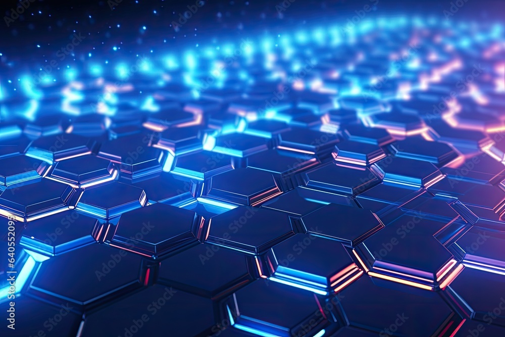 Poster 3d rendering of abstract technology background with hexagons in blue light, abstract hexagon backgro