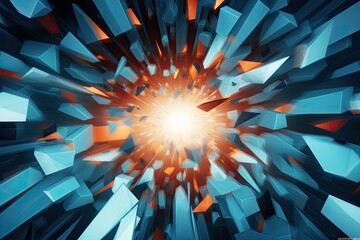Abstract background with blue and orange geometric elements. 3d render illustration, Abstract geometric background. Explosion power design with crushing surface, AI Generated