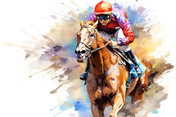 Horse jockey riding on a racecourse, watercolor painting, Abstract racing horse with jockey from splash of watercolors, AI Generated - obrazy, fototapety, plakaty