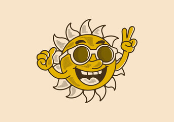 mascot character design of a sun wearing sunglasses with happy expression