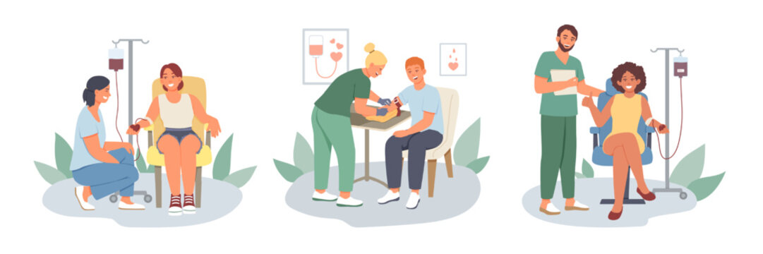 Beautiful lady sitting in chair and donating blood, doctor standing near. Doctor collects blood from man. Volunteering organization members. Lifesaving impact of blood. Vector flat illustration
