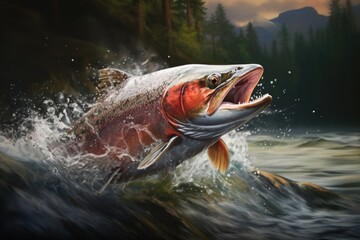 Fototapeta premium 3d illustration of a big salmon fish jumping out of the water, Action shot of a salmon jumping out of the water in a clear stream, AI Generated