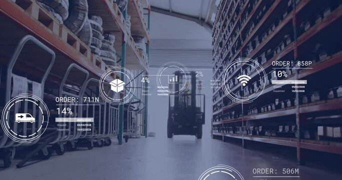 Animation of icons with data processing over lift truck in warehouse