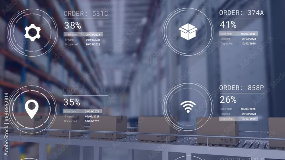 Poster animation of icons with data processing over conveyor belt in warehouse
