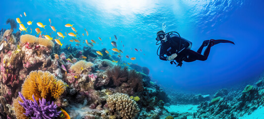Underwater sea in sunlight, coral, and sea fish tropical blue ocean underwater background